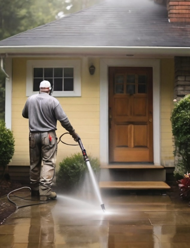 A man using a power washer outside a house