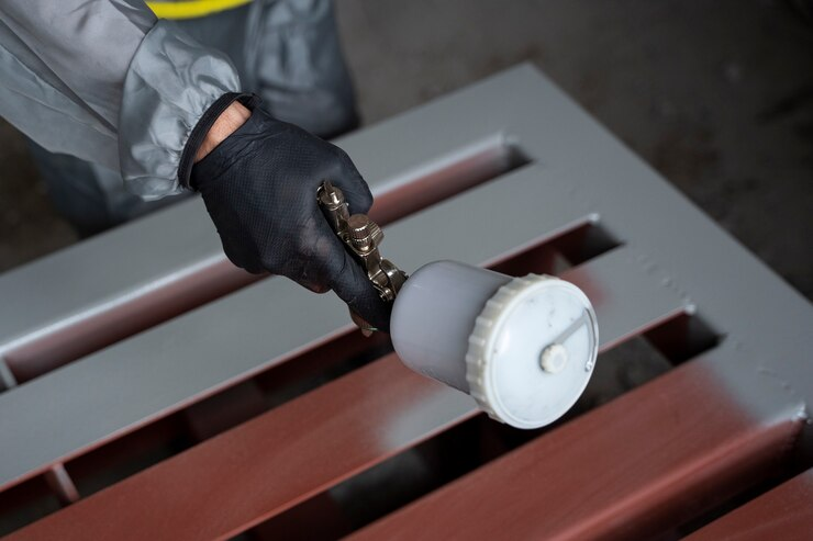 A worker applying powder paint to a building exterior using a spray gun from a high angle.